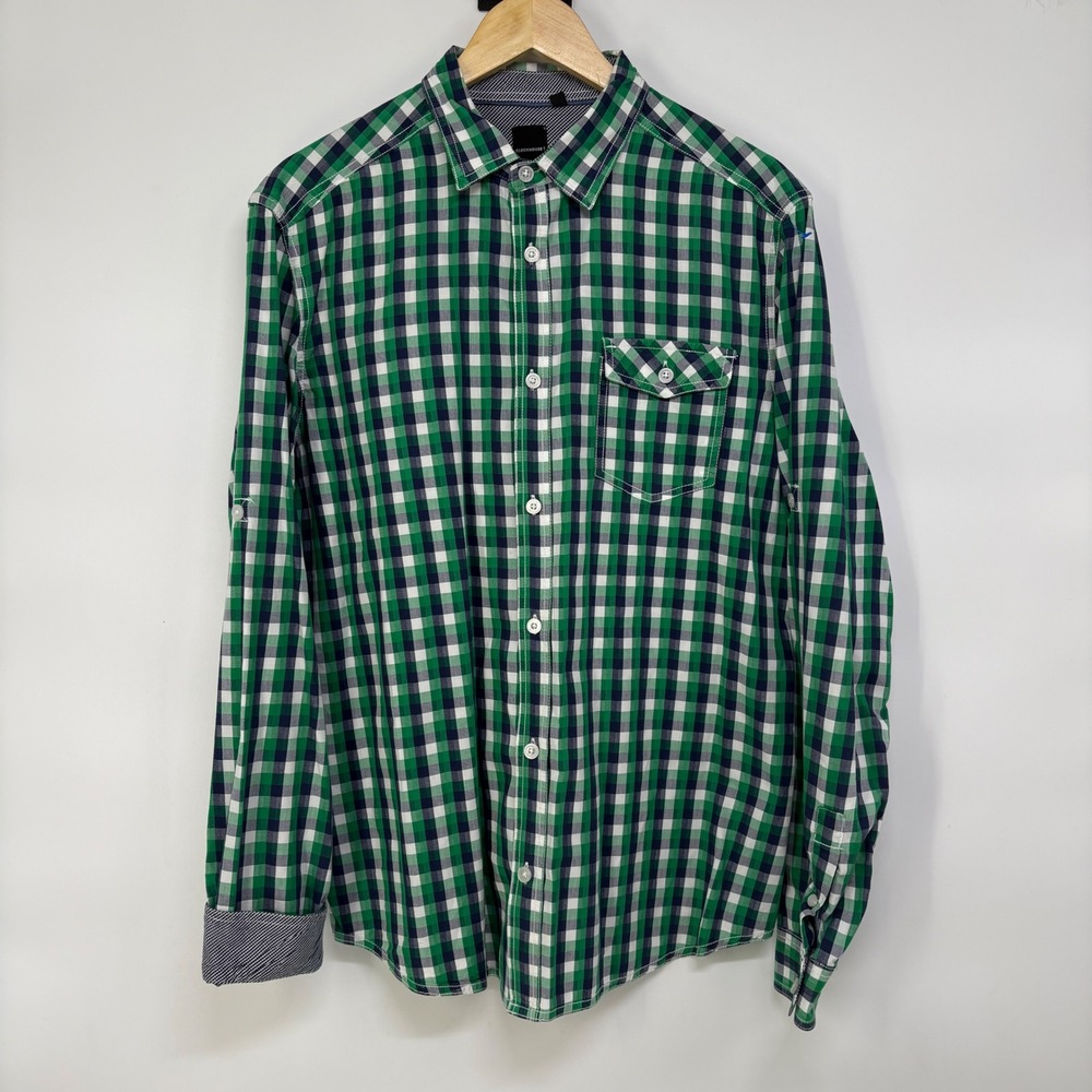 Y2K Clockhouse Mens XL Green Navy Gingham Cotton Long Sleeve Button Up Shirt